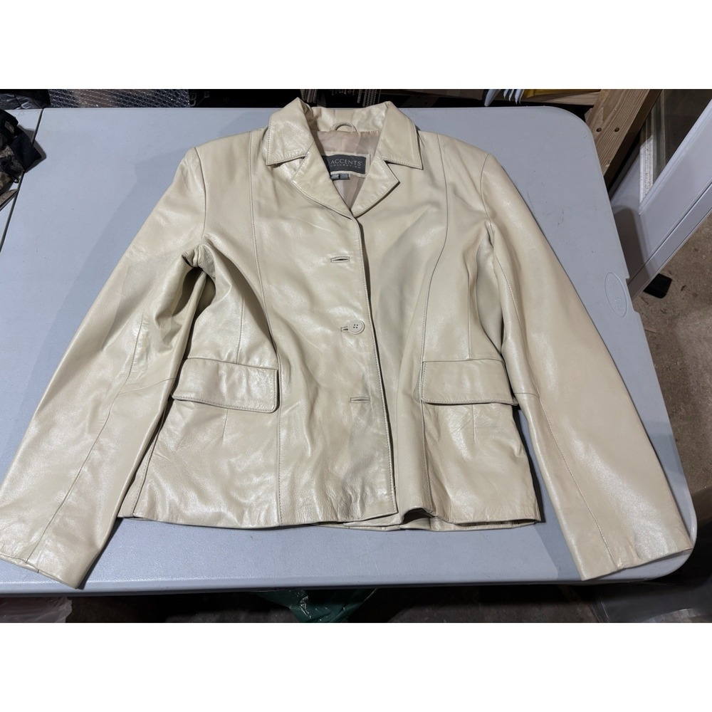 100% Leather Cream Vintage Coat L‎ Jacket Lined  Pockets Oversized Accents
